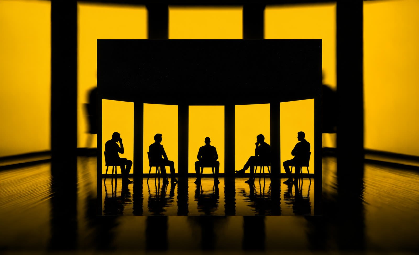 Silhouetted figures seated in a yellow-lit press room
