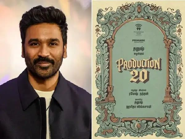Dhanush alongside the Production 20 announcement poster